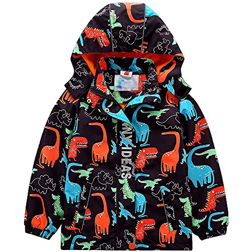 TOKYMOON Kinder Jungen Regenjacke Wasserdicht Jacke Übergangsjacke Fleecefütterung Warm Atmungsaktiv Winddicht Wanderjacke Softshelljacke Outdoorjacke mit Kapuze Schwarz Dinosaurier 98-104 von TOKYMOON