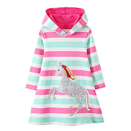 TOKYMOON Kinder Kapuzenpullover Mädchen Kapuzenkleid Langarm Baumwolle Pullover Hoodies Sweatshirt Kleid Freizeit Tops Herbst Winter Mädchen Kinder Kleid 2 3 4 5 6 7 Jahre Einhorn 1 134-140 von TOKYMOON