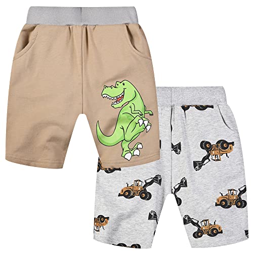 TOKYMOON Kinder Kurze Hosen Jungen Shorts Jungs Freizeit Sommer Hosen Jungen 2er-Pack Sommer Shorts Kinder Baumwolle Kurze Hosen Pull-on Freizeit Shorts Dinosaurier + Bagger 4T von TOKYMOON