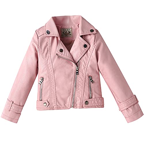 TOKYMOON Kinder Mädchen Jungen Lederjacke Kinderkragen Motorrad Lederimitat Mantel Jungen Kunstleder Jacke Bikerjacke mit Nieten Motorrad Mantel Jungen Bikerjacke Rosa 104-110 von TOKYMOON