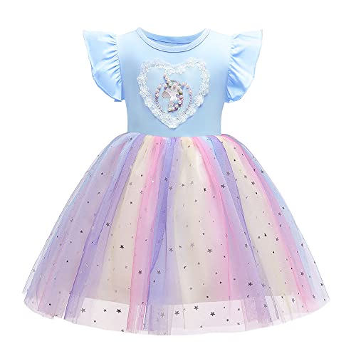 TOKYMOON Kinder Mädchen Kleider Paillette Bunt Geburtstag Einhorn Kleid Mädchen Einhorn Verkleidung Prinzessin Mädchen Kleid Einhorn Gedruckt Herbst Winter Prinzessin Freizeit Hellblau 130 von TOKYMOON