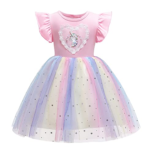 TOKYMOON Kinder Mädchen Kleider Paillette Bunt Geburtstag Einhorn Kleid Mädchen Einhorn Verkleidung Prinzessin Mädchen Kleid Einhorn Gedruckt Herbst Winter Prinzessin Freizeit Pink Lila 130 von TOKYMOON