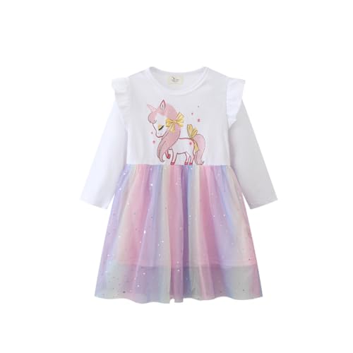 TOKYMOON Kinder Mädchen Kleider Tüll Kleid Prinzessin Einhorn Kleid Langarm Kleidung Frühling Sommer Baby Mädchen Tüll Kleid Sommerkleid Blume Baumwolle Kinderkleidung Weiß 6T von TOKYMOON