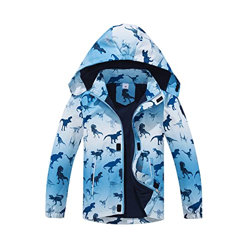 TOKYMOON Kinder Regenjacke Jungen Übergangsjacke Dinosauriern Wasserdicht Outdoorjacke Winddicht mit Kapuzen Jacke Jungen Gefütterte Regenjacke Softshelljacken Blauer Dinosaurier 130 von TOKYMOON