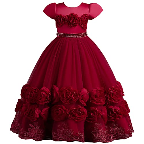 TOKYMOON Kleid Mädchen Blumen mädchen Kleid Prinzessin Kleider Festliches Kinder Mädchen Kleid Tüll Hochzeit Mädchen Kleid Elegant Langes Abendkleid Kommunikation Sommer Kleider Weinrot 150 von TOKYMOON