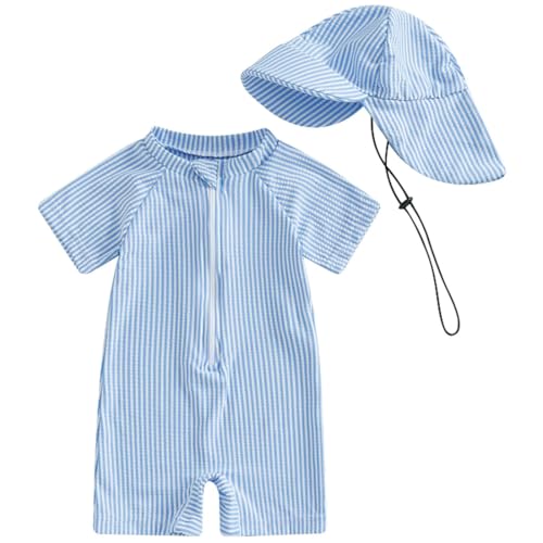 TOKYMOON Kleinkind Baby Jungen Badeanzug Einteiliger UPF 50+ Langarm UV-Schutz mit Sonnenhut Rashguard Reißverschluss Sonnenschut und Sonnenhut Schwimmanzug von TOKYMOON