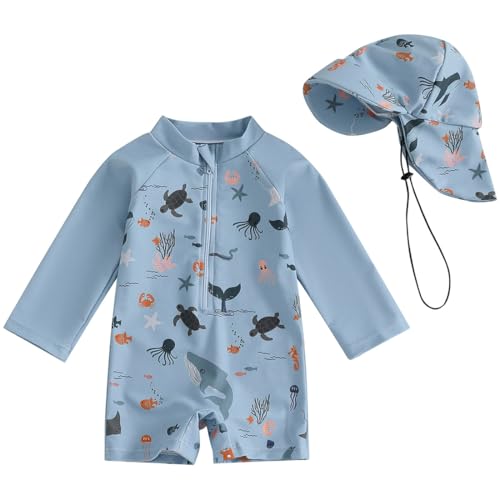 TOKYMOON Kleinkind Baby Jungen Badeanzug Einteiliger UPF 50+ Langarm UV-Schutz mit Sonnenhut Rashguard Reißverschluss Sonnenschut und Sonnenhut Schwimmanzug von TOKYMOON