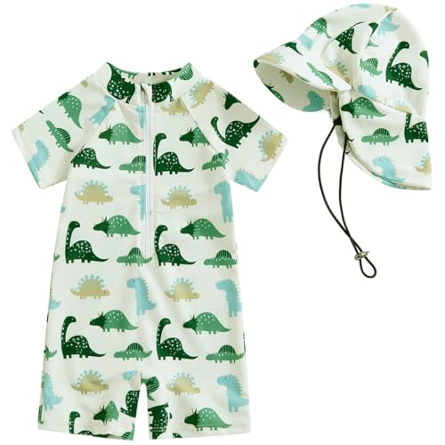 TOKYMOON Kleinkind Baby Jungen Badeanzug Einteiliger UPF 50+ Langarm UV-Schutz mit Sonnenhut Rashguard Reißverschluss Sonnenschut und Sonnenhut Schwimmanzug von TOKYMOON