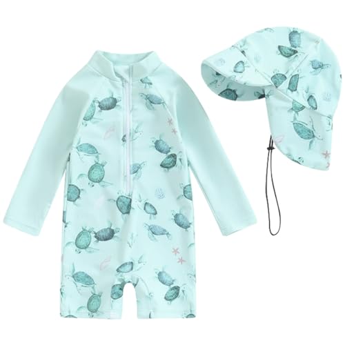 TOKYMOON Kleinkind Baby Jungen Badeanzug Einteiliger UPF 50+ Langarm UV-Schutz mit Sonnenhut Rashguard Reißverschluss Sonnenschut und Sonnenhut Schwimmanzug von TOKYMOON