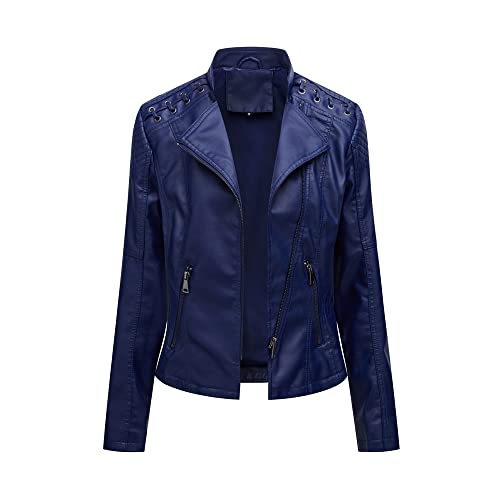 TOKYMOON Lederjacke Damen Kurz Bikerjacke Reverskragen Reißverschluss Motoradjacke PU Leder Jacke Übergangsjacke für Frühling Herbst Kurz Moto Biker Mantel Mode Lederjacke Damen Marineblau M von TOKYMOON