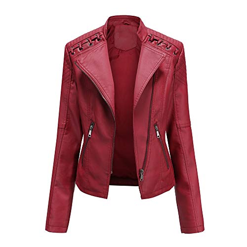 TOKYMOON Lederjacke Damen Kurz Bikerjacke Reverskragen Reißverschluss Motoradjacke PU Leder Jacke Übergangsjacke für Frühling Herbst Kurz Moto Biker Mantel Mode Lederjacke Damen Rot 4XL von TOKYMOON