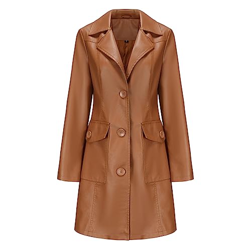 TOKYMOON Lederjacke Damen Lang Elegant Trenchcoat Damen Ledermantel Reverskragen Knöpfen Einfarbige Kunstleder Übergangsjacke Langarm PU Leder Jacke Windjacke Lederjacke Braun L von TOKYMOON