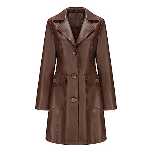 TOKYMOON Lederjacke Damen Lang Elegant Trenchcoat Damen Ledermantel Reverskragen Knöpfen Einfarbige Kunstleder Übergangsjacke Langarm PU Leder Jacke Windjacke Lederjacke Kaffee L von TOKYMOON