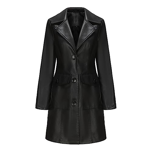 TOKYMOON Lederjacke Damen Lang Elegant Trenchcoat Damen Ledermantel Reverskragen Knöpfen Einfarbige Kunstleder Übergangsjacke Langarm PU Leder Jacke Windjacke Lederjacke Schwarz L von TOKYMOON