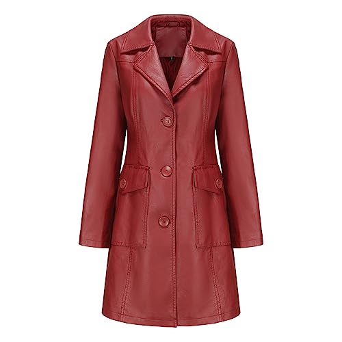 TOKYMOON Lederjacke Damen Lang Elegant Trenchcoat Damen Ledermantel Reverskragen Knöpfen Einfarbige Kunstleder Übergangsjacke Langarm PU Leder Jacke Windjacke Lederjacke Weinrot L von TOKYMOON