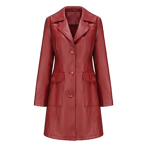 TOKYMOON Lederjacke Damen Lang Elegant Trenchcoat Damen Ledermantel Reverskragen Knöpfen Einfarbige Kunstleder Übergangsjacke Langarm PU Leder Jacke Windjacke Lederjacke Weinrot XL TOKYMOON Lederjacke Damen Lang Elegant Trenchcoat Damen Ledermantel Reverskragen Knöpfen Einfarbige Kunstleder Übergangsjacke Langarm PU Leder Jacke Windjacke Lederjacke Weinrot XL von TOKYMOON