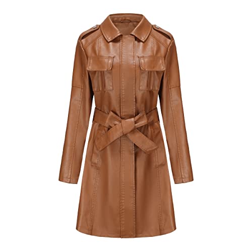 TOKYMOON Lederjacke Damen Lang Elegant Trenchcoat Damen Ledermantel Reverskragen Reißverschluss Einfarbige Kunstleder Übergangsjacke Langarm PU Leder Jacke Windjacke Lederjacke Braun 1 3XL von TOKYMOON