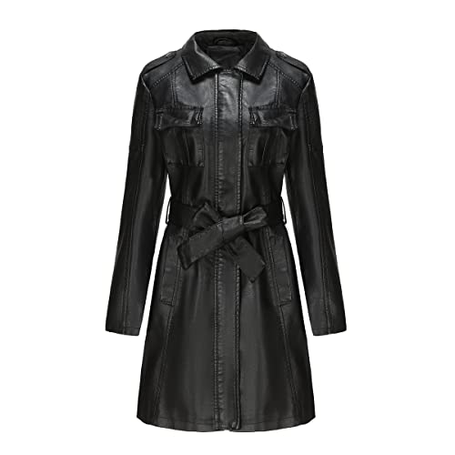 TOKYMOON Lederjacke Damen Lang Elegant Trenchcoat Damen Ledermantel Reverskragen Reißverschluss Einfarbige Kunstleder Übergangsjacke Langarm PU Leder Jacke Windjacke Lederjacke Schwarz 1 XL von TOKYMOON