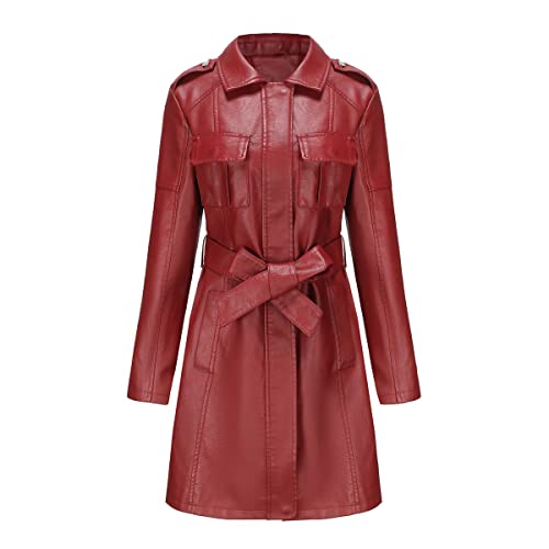 TOKYMOON Lederjacke Damen Lang Elegant Trenchcoat Damen Ledermantel Reverskragen Reißverschluss Einfarbige Kunstleder Übergangsjacke Langarm PU Leder Jacke Windjacke Lederjacke Weinrot 1 XXL von TOKYMOON