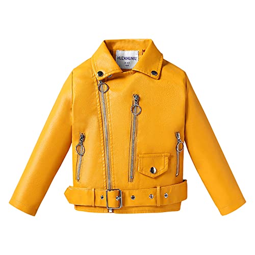 TOKYMOON Lederjacke Kinder Mädchen Jacke PU Motorrad Bikerjacke aus Kunstleder Übergangsjacke Frühling und Herbst Kinderkragen Motorrad Lederimitat Mantel Jungen Lederjacke Gelb 140 von TOKYMOON