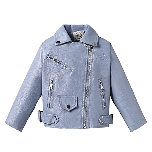 TOKYMOON Lederjacke Kinder Mädchen Jacke PU Motorrad Bikerjacke aus Kunstleder Übergangsjacke Frühling und Herbst Kinderkragen Motorrad Lederimitat Mantel Jungen Lederjacke Hellblau 130 von TOKYMOON