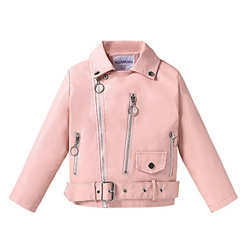 TOKYMOON Lederjacke Kinder Mädchen Jacke PU Motorrad Bikerjacke aus Kunstleder Übergangsjacke Frühling und Herbst Kinderkragen Motorrad Lederimitat Mantel Jungen Lederjacke Rosa 130 von TOKYMOON