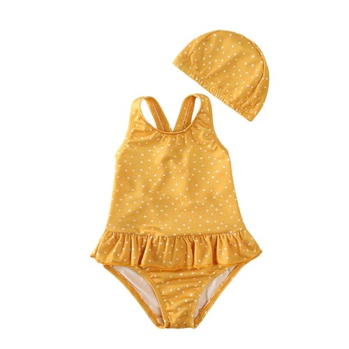 TOKYMOON Mädchen Badeanzug Kinder Einteiliger Bademode Mädchen Swimsuit Hawaii Schwimmanzug Rüschen Badeanzug Mit Badekappe Bademode Gelb 100 von TOKYMOON