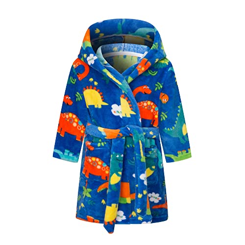 TOKYMOON Mädchen Bademantel Kinder Jungen Fleece Hoodie Roben Kleinkind Flauschig warmen weichen Pyjama Nachtwäsche Bademantel Kinder mit Kapuze Morgenmantel Flanellmantel Blauer Dinosaurier 100 von TOKYMOON