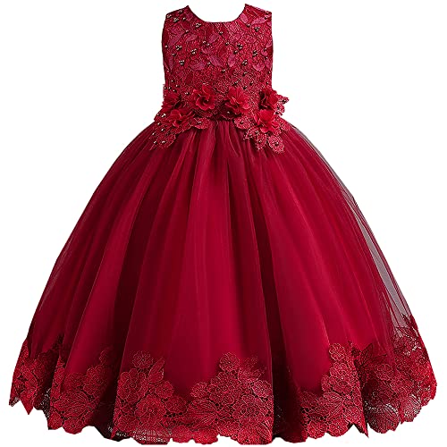 TOKYMOON Mädchen Kleid Ärmellos Mädchen Lang Elegant Abendkleid für Hochzeit Blumensmädchen Spitze Tüll Hochzeit Kleid Prinzessin Kleider Brautjungfer Sommerkleider Dunkelrot 120 von TOKYMOON