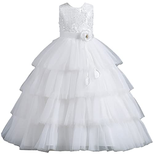 TOKYMOON Mädchen Kleid Ärmellos Mädchen Lang Elegant Abendkleid für Hochzeit Blumensmädchen Spitze Tüll Hochzeit Kleid Prinzessin Kleider Brautjungfer Sommerkleider Weiß 130 von TOKYMOON