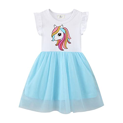 TOKYMOON Mädchen Kleid Prinzessin Beiläufig Blume Kleid Einhorn Gedruckt Sommerkleid Blume Casual Baumwolle Rüschen Kurzarm Kinder Kleider Tüll Kleid mit Pailletten Gr. 80-130 Blau 6T von TOKYMOON