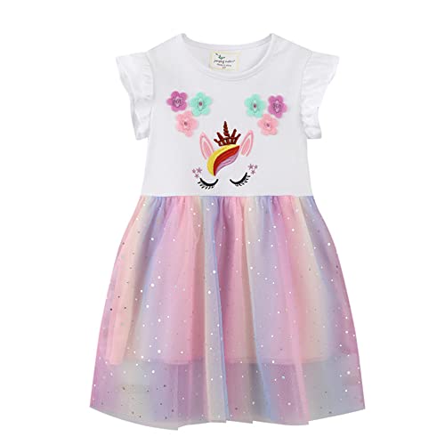 TOKYMOON Mädchen Kleid Prinzessin Beiläufig Blume Kleid Einhorn Gedruckt Sommerkleid Blume Casual Baumwolle Rüschen Kurzarm Kinder Kleider Tüll Kleid mit Pailletten Gr. 80-130 Blumen 4T von TOKYMOON