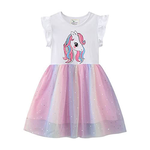 TOKYMOON Mädchen Kleid Prinzessin Beiläufig Blume Kleid Einhorn Gedruckt Sommerkleid Blume Casual Baumwolle Rüschen Kurzarm Kinder Kleider Tüll Kleid mit Pailletten Gr. 80-130 Pferd 4T von TOKYMOON