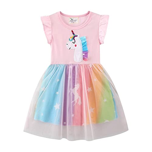 TOKYMOON Mädchen Kleid Prinzessin Beiläufig Blume Kleid Einhorn Gedruckt Sommerkleid Blume Casual Baumwolle Rüschen Kurzarm Kinder Kleider Tüll Kleid mit Pailletten Gr. 80-130 Regenbogen-Einhorn 5T von TOKYMOON