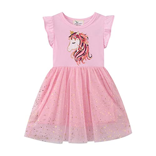 TOKYMOON Mädchen Kleid Prinzessin Beiläufig Blume Kleid Einhorn Gedruckt Sommerkleid Blume Casual Baumwolle Rüschen Kurzarm Kinder Kleider Tüll Kleid mit Pailletten Gr. 80-130 Rosa 4T von TOKYMOON