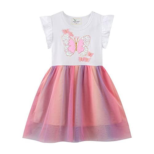 TOKYMOON Mädchen Kleid Prinzessin Beiläufig Blume Kleid Einhorn Gedruckt Sommerkleid Blume Casual Baumwolle Rüschen Kurzarm Kinder Kleider Tüll Kleid mit Pailletten Gr. 80-130 Weiß + Rosa 4T von TOKYMOON