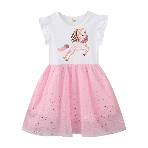 TOKYMOON Mädchen Kleid Prinzessin Beiläufig Blume Kleid Einhorn Gedruckt Sommerkleid Blume Casual Baumwolle Rüschen Kurzarm Kinder Kleider Tüll Kleid mit Pailletten Gr. 80-130 Weiß 5T von TOKYMOON