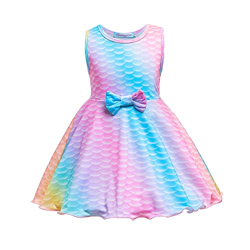 TOKYMOON Mädchen Kleid Sommerkleid Kinder Kleider Rundhals Blumen Meerjungfrau Galaxy Party Hochzeit Kleid Beiläufig Knielänge Sommerkleid Mädchen Kleider Ärmellos Regenbogen 120 von TOKYMOON