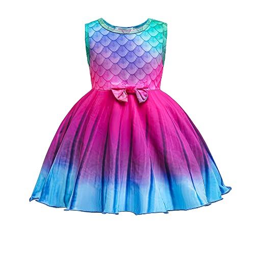 TOKYMOON Mädchen Kleid Sommerkleid Kinder Kleider Rundhals Blumen Meerjungfrau Galaxy Party Hochzeit Kleid Beiläufig Knielänge Sommerkleid Mädchen Kleider Ärmellos Rosarot 130 von TOKYMOON