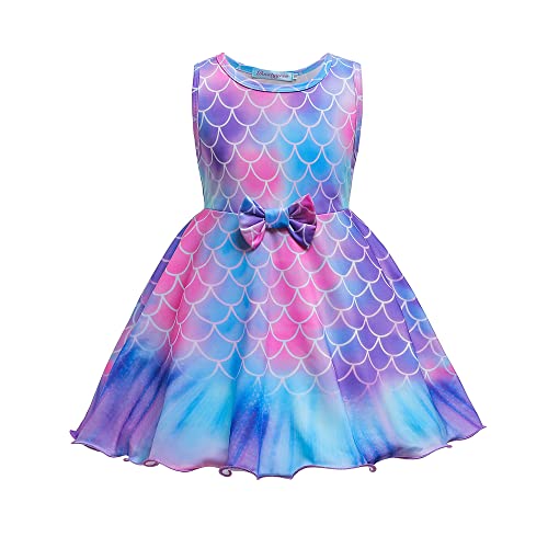 TOKYMOON Mädchen Kleid Sommerkleid Kinder Kleider Rundhals Blumen Meerjungfrau Galaxy Party Hochzeit Kleid Beiläufig Knielänge Sommerkleid Mädchen Kleider Ärmellos Violett 130 von TOKYMOON