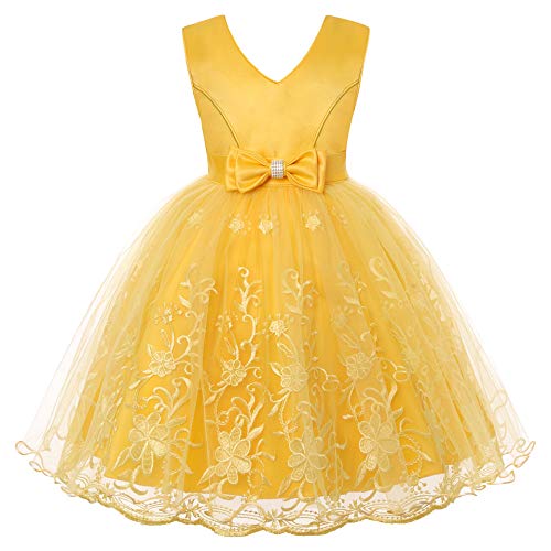 TOKYMOON Mädchen Kleider Elegant Kinder Prinzessin Kleid Ärmellos Spitzen Tüll Tutu Pailletten Blumenmädchenkleid Tutu Hochzeits Kleider Geburtstag Formale Blumen Kleid Gelb 120 von TOKYMOON