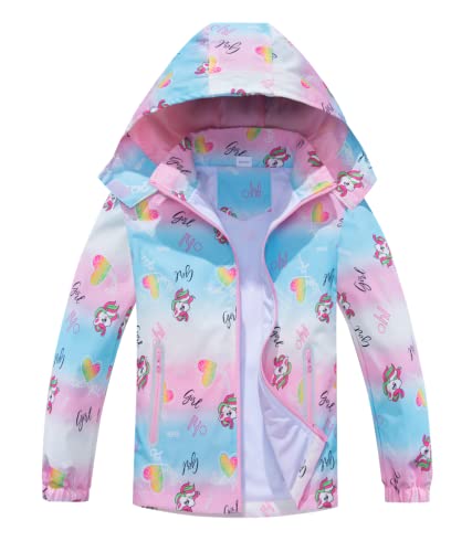 TOKYMOON Mädchen Regenjacke Wind und Wasserdicht Übergangsjacke Kinder Mädchen Jacke mit Einhorn Übergangsjacke Softshelljacken Kapuzenjacke Wanderjacke Outdoorjacke Blaues Einhorn 120 von TOKYMOON