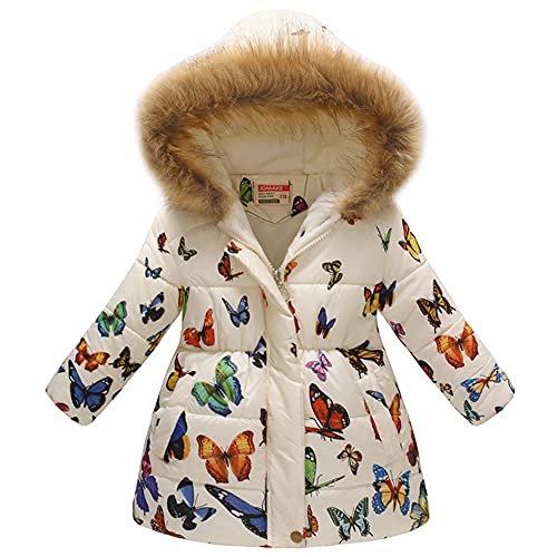 TOKYMOON Mädchen Winterjacke mit Fellkapuze Kinder Wintermantel Steppjacke Warm Parka Übergangsjacke Outdoorjacke Jungs Kinder Karikatur Winddicht Reißverschluss Mantel Beige Schmetterling 146-152 von TOKYMOON