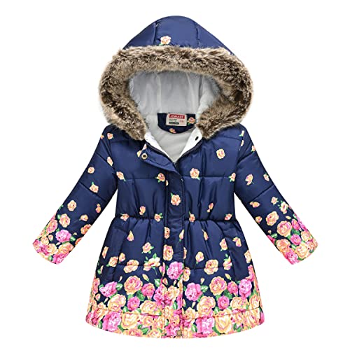 TOKYMOON Mädchen Winterjacke mit Fellkapuze Kinder Wintermantel Steppjacke Warm Parka Übergangsjacke Outdoorjacke Jungs Kinder Karikatur Winddicht Reißverschluss Mantel Dunkelblaue Blume 122-128 von TOKYMOON