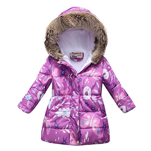 TOKYMOON Mädchen Winterjacke mit Fellkapuze Kinder Wintermantel Steppjacke Warm Parka Übergangsjacke Outdoorjacke Jungs Kinder Karikatur Winddicht Reißverschluss Mantel Lila 116-122 von TOKYMOON