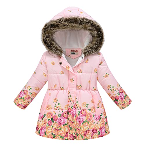 TOKYMOON Mädchen Winterjacke mit Fellkapuze Kinder Wintermantel Steppjacke Warm Parka Übergangsjacke Outdoorjacke Jungs Kinder Karikatur Winddicht Reißverschluss Mantel Pinke Blume 134-140 von TOKYMOON