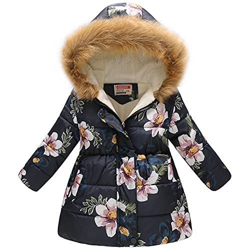 TOKYMOON Mädchen Winterjacke mit Fellkapuze Kinder Wintermantel Steppjacke Warm Parka Übergangsjacke Outdoorjacke Jungs Kinder Karikatur Winddicht Reißverschluss Mantel Schwarz Blume 134-140 von TOKYMOON