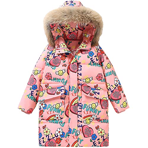 TOKYMOON Mantel Mädchen mit Fellkapuze Lang Kinder Daunenjacken Mädchen Daunenmantel Lange Jacke Parka Winddicht Kinderjacke Warm Verdickte Winterjacke mit Kapuze Rosa 120 von TOKYMOON