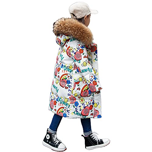 TOKYMOON Mantel Mädchen mit Fellkapuze Lang Kinder Daunenjacken Mädchen Daunenmantel Lange Jacke Parka Winddicht Kinderjacke Warm Verdickte Winterjacke mit Kapuze Weiß 140 von TOKYMOON