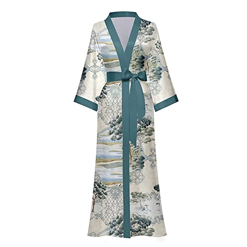 TOKYMOON Morgenmantel Damen Satin Maxi Lang Seide Kimono Morgenmantel Kleid Blumen Muster Kimono Leichter Bademantel Damen Sommer Lange Robe Schlafmantel Girl Pajama Party Bäume von TOKYMOON